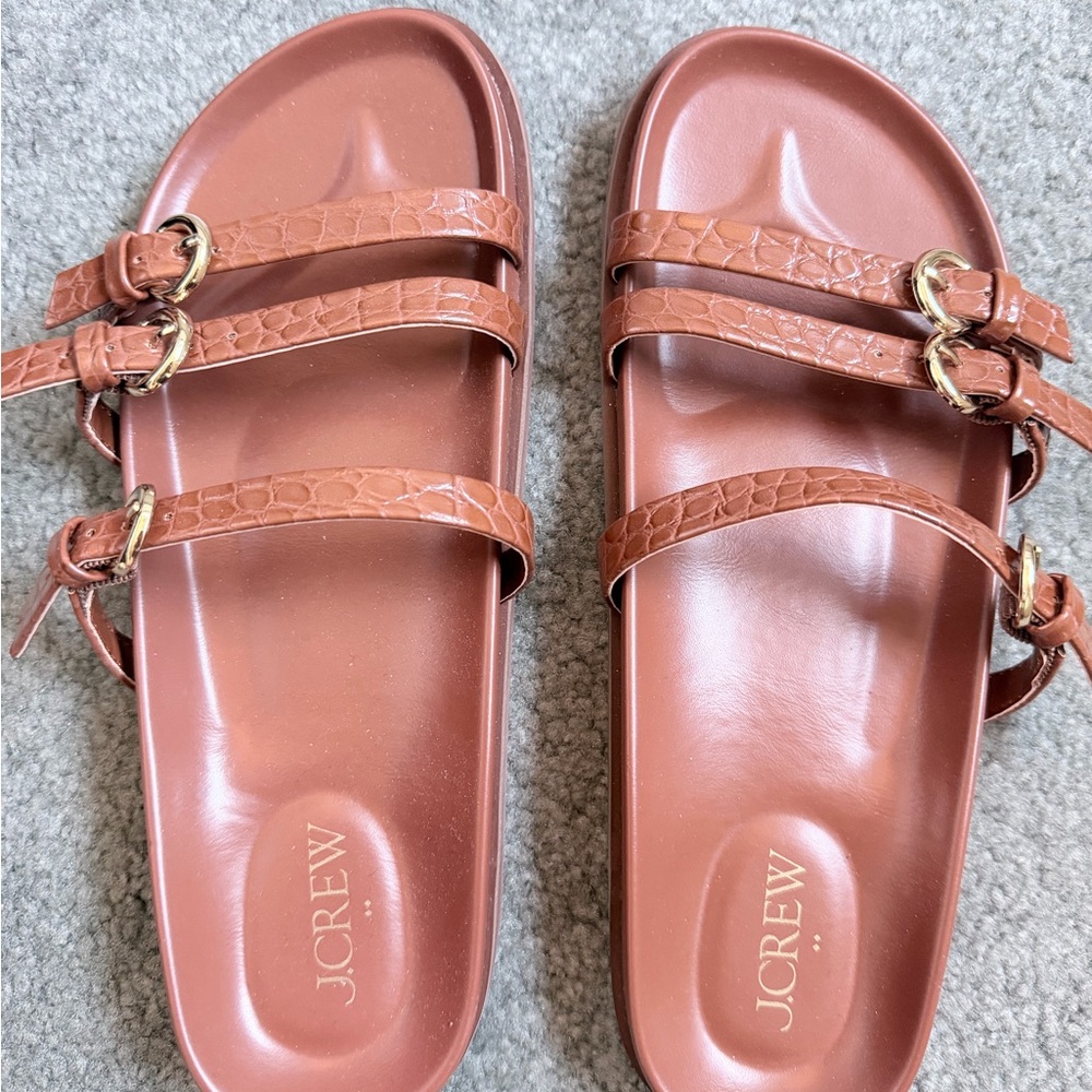 J. Crew Cognac Triple-Strap Slide Sandals with Gold Buckles